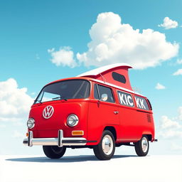 A vibrant illustration of a classic 2D red Volkswagen Combi van, portrayed in a full view from a 90° right side angle