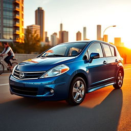 A sleek and stylish 2011 Nissan Versa parked in an urban setting during golden hour