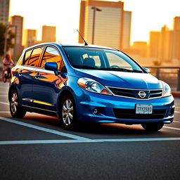 A sleek and stylish 2011 Nissan Versa parked in an urban setting during golden hour