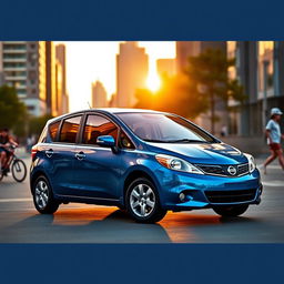 A sleek and stylish 2011 Nissan Versa parked in an urban setting during golden hour