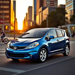 A sleek and stylish 2011 Nissan Versa parked in an urban setting during golden hour