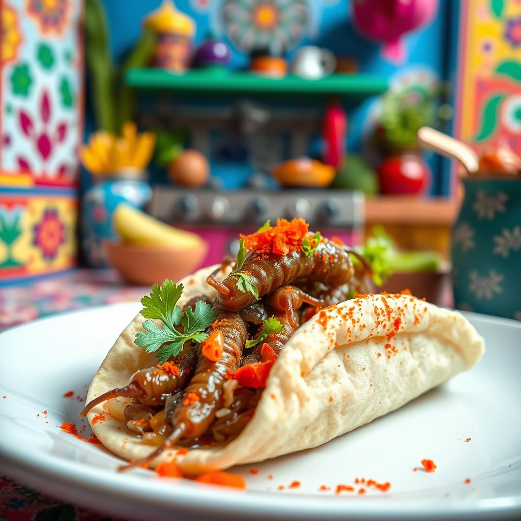 A close-up shot of a dish featuring Escamoles, the edible ant larvae delicacy, beautifully arranged on a soft taco