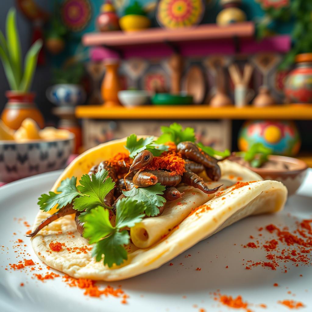 A close-up shot of a dish featuring Escamoles, the edible ant larvae delicacy, beautifully arranged on a soft taco