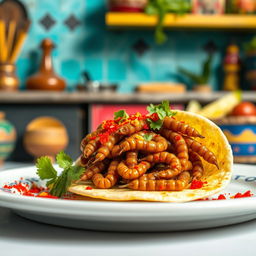 A close-up shot of a dish featuring Escamoles, the edible ant larvae delicacy, beautifully arranged on a soft taco