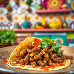 A close-up shot of a dish featuring Escamoles, the edible ant larvae delicacy, beautifully arranged on a soft taco