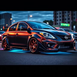 A customized 2012 Nissan Almera, showcasing an aggressive tuning style