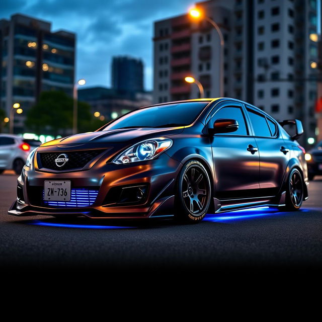 A customized 2012 Nissan Almera, showcasing an aggressive tuning style