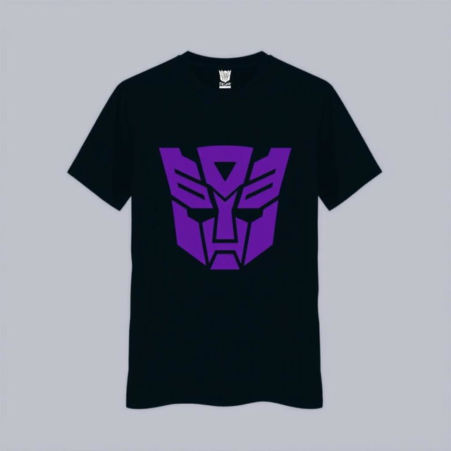 A black t-shirt prominently featuring a large, bold purple Decepticon insignia