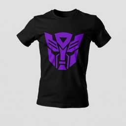 A black t-shirt prominently featuring a large, bold purple Decepticon insignia