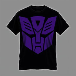 A black t-shirt prominently featuring a large, bold purple Decepticon insignia