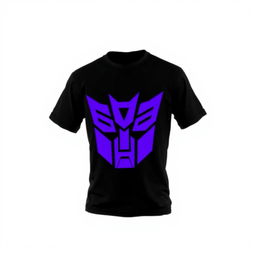 A black t-shirt prominently featuring a large, bold purple Decepticon insignia