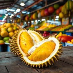 A close-up of a split-open Durian fruit, showcasing its spiky outer shell and creamy yellow flesh