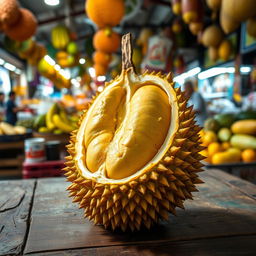 A close-up of a split-open Durian fruit, showcasing its spiky outer shell and creamy yellow flesh