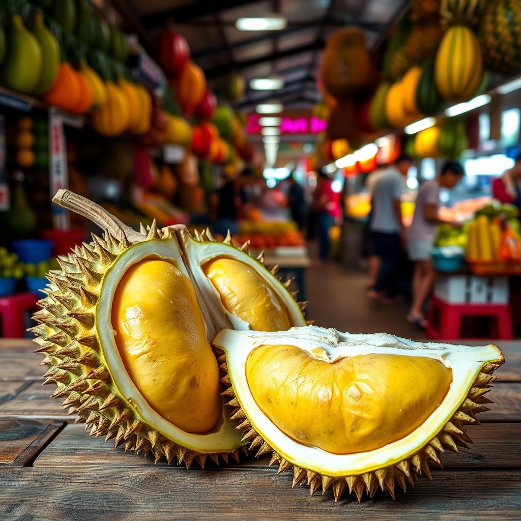 A close-up of a split-open Durian fruit, showcasing its spiky outer shell and creamy yellow flesh