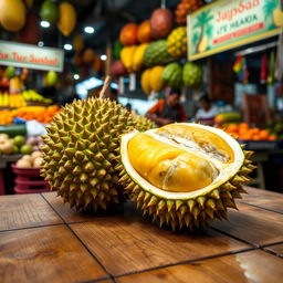 A close-up of a split-open Durian fruit, showcasing its spiky outer shell and creamy yellow flesh