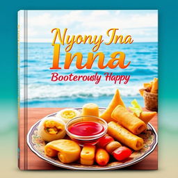 An aesthetic book cover design entitled 'Nyonya Inna, Boisterously Happy', featuring a vibrant and colorful composition