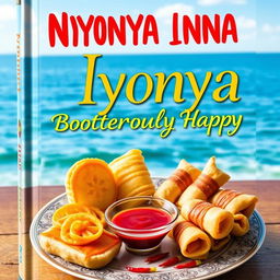 An aesthetic book cover design entitled 'Nyonya Inna, Boisterously Happy', featuring a vibrant and colorful composition