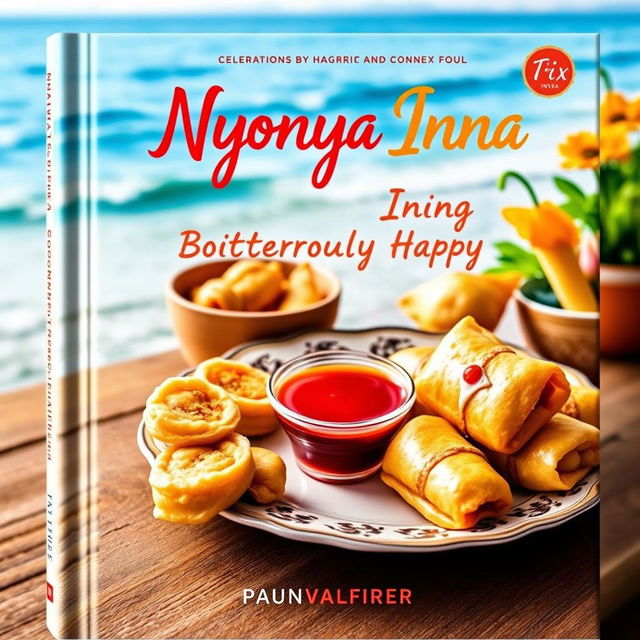 An aesthetic book cover design entitled 'Nyonya Inna, Boisterously Happy', featuring a vibrant and colorful composition