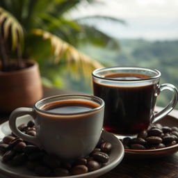 A luxurious close-up of a steaming cup of Kopi Luwak coffee, emphasizing the rich, dark color of the brew