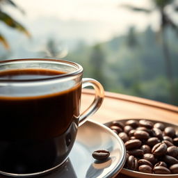 A luxurious close-up of a steaming cup of Kopi Luwak coffee, emphasizing the rich, dark color of the brew