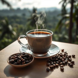 A luxurious close-up of a steaming cup of Kopi Luwak coffee, emphasizing the rich, dark color of the brew