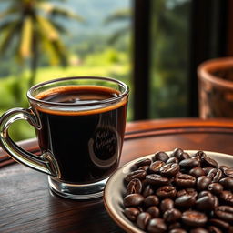 A luxurious close-up of a steaming cup of Kopi Luwak coffee, emphasizing the rich, dark color of the brew