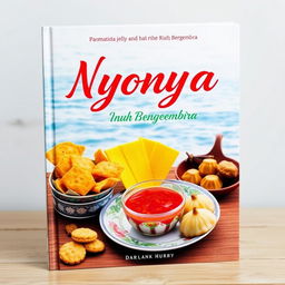 An aesthetic book cover design entitled 'Nyonya Inna, Riuh Bergembira', featuring a lively and colorful composition