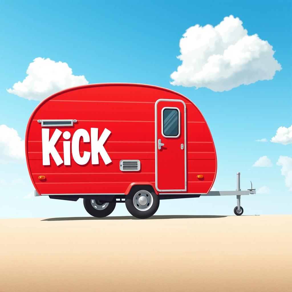 A vibrant illustration of a classic 2D red caravan, displayed in a full right side view