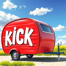 A vibrant illustration of a classic 2D red caravan, displayed in a full right side view