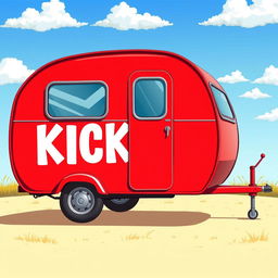 A vibrant illustration of a classic 2D red caravan, displayed in a full right side view