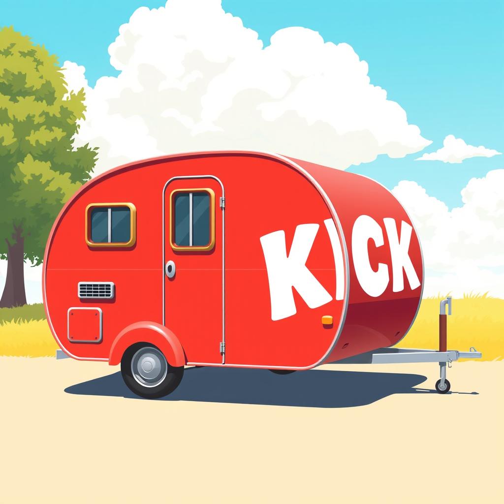 A vibrant illustration of a classic 2D red caravan, displayed in a full right side view