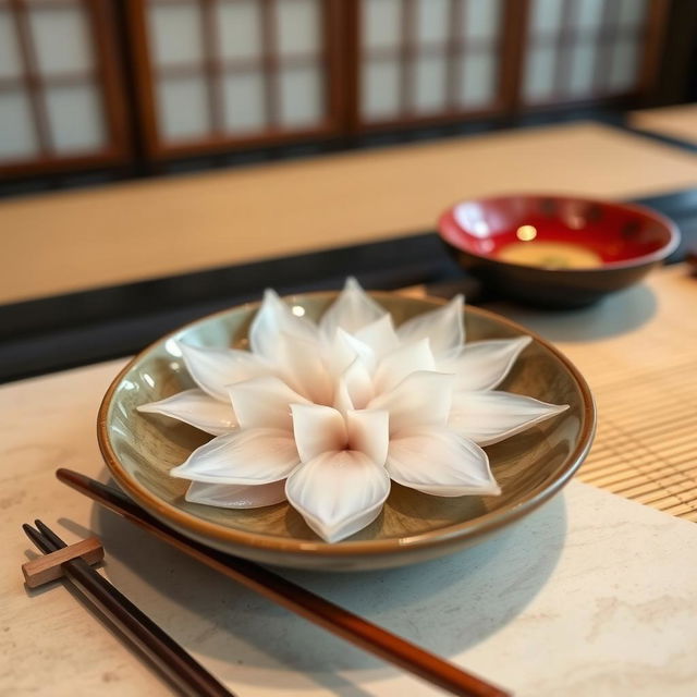 A beautifully plated dish of Fugu sashimi, featuring thin, translucent slices of pufferfish arranged in an elegant floral pattern on a traditional Japanese plate