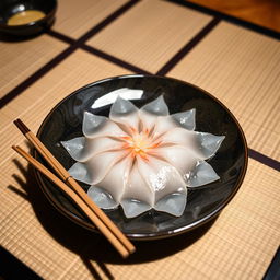 A beautifully plated dish of Fugu sashimi, featuring thin, translucent slices of pufferfish arranged in an elegant floral pattern on a traditional Japanese plate