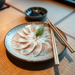 A beautifully plated dish of Fugu sashimi, featuring thin, translucent slices of pufferfish arranged in an elegant floral pattern on a traditional Japanese plate