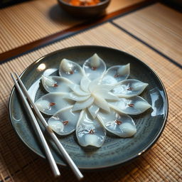 A beautifully plated dish of Fugu sashimi, featuring thin, translucent slices of pufferfish arranged in an elegant floral pattern on a traditional Japanese plate