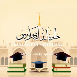 A stylized cover for an Islamic Education Management Journal, featuring a blend of traditional Islamic architectural elements like domes and arches, integrated with modern education symbols such as books and graduation caps