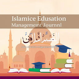 A stylized cover for an Islamic Education Management Journal, featuring a blend of traditional Islamic architectural elements like domes and arches, integrated with modern education symbols such as books and graduation caps