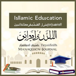 A stylized cover for an Islamic Education Management Journal, featuring a blend of traditional Islamic architectural elements like domes and arches, integrated with modern education symbols such as books and graduation caps