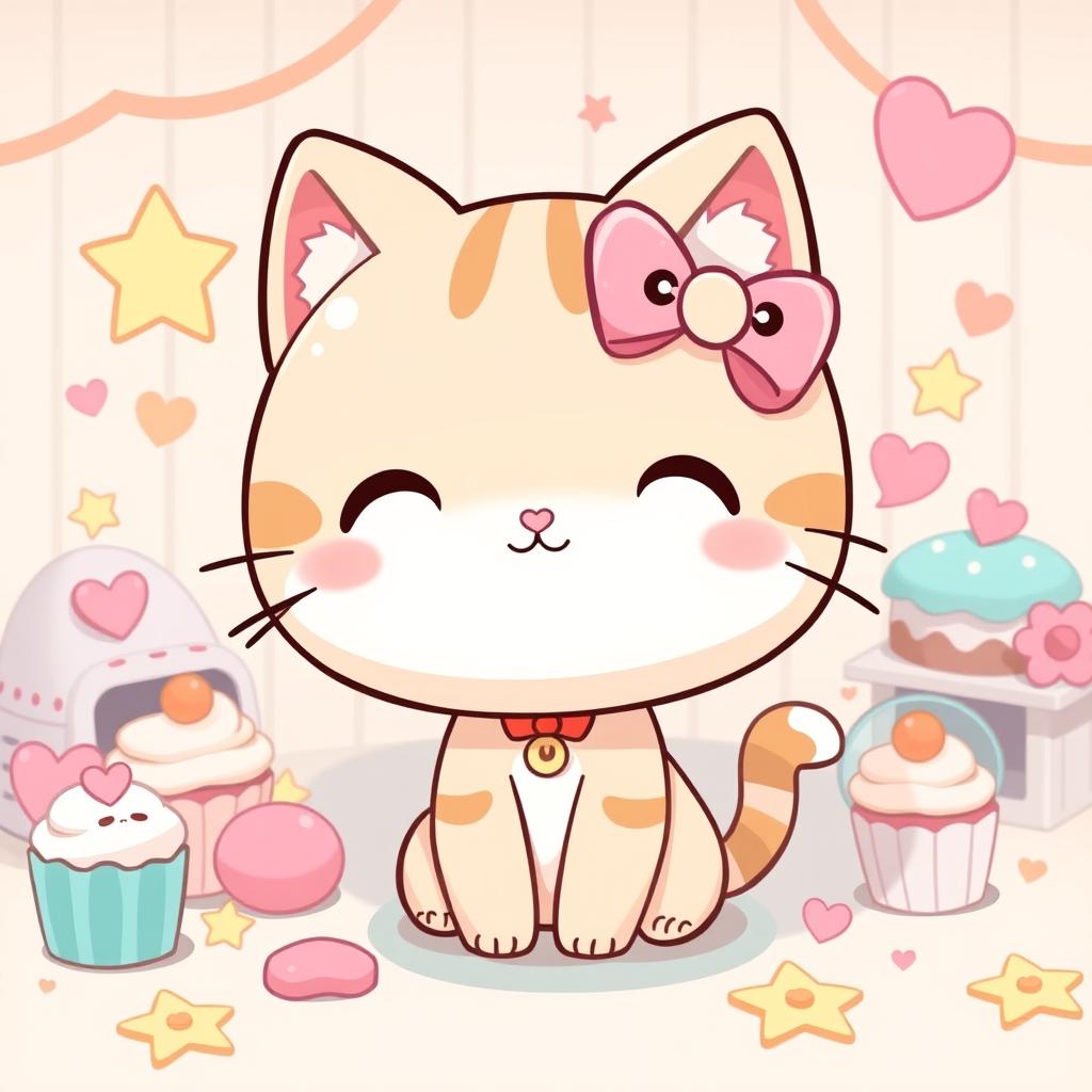 A cute, stylized cartoon character resembling a classic cat figure, featuring a large round head, small body, and simplistic facial features, characterized by its iconic bow on one ear