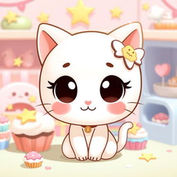 A cute, stylized cartoon character resembling a classic cat figure, featuring a large round head, small body, and simplistic facial features, characterized by its iconic bow on one ear