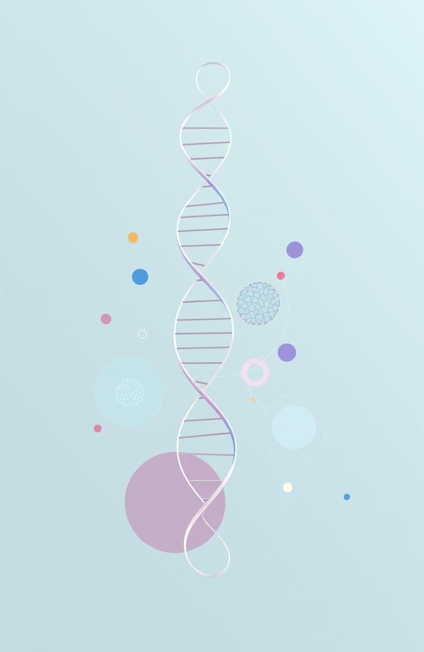 An abstract biotechnology illustration depicting gene fragments and intricate cell patterns in a minimalist style