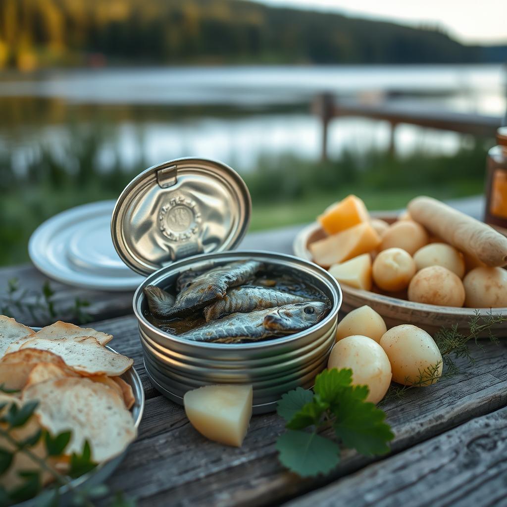 An opened can of Surströmming, revealing the fermented herring fish inside, which releases a strong aroma