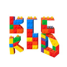 A colorful and playful 2D illustration of the word 'KICK' made entirely from LEGO bricks