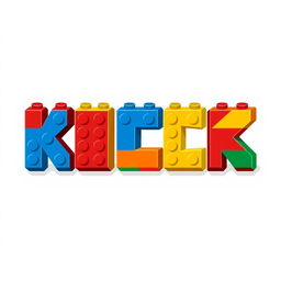 A colorful and playful 2D illustration of the word 'KICK' made entirely from LEGO bricks