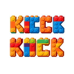 A colorful and playful 2D illustration of the word 'KICK' made entirely from LEGO bricks