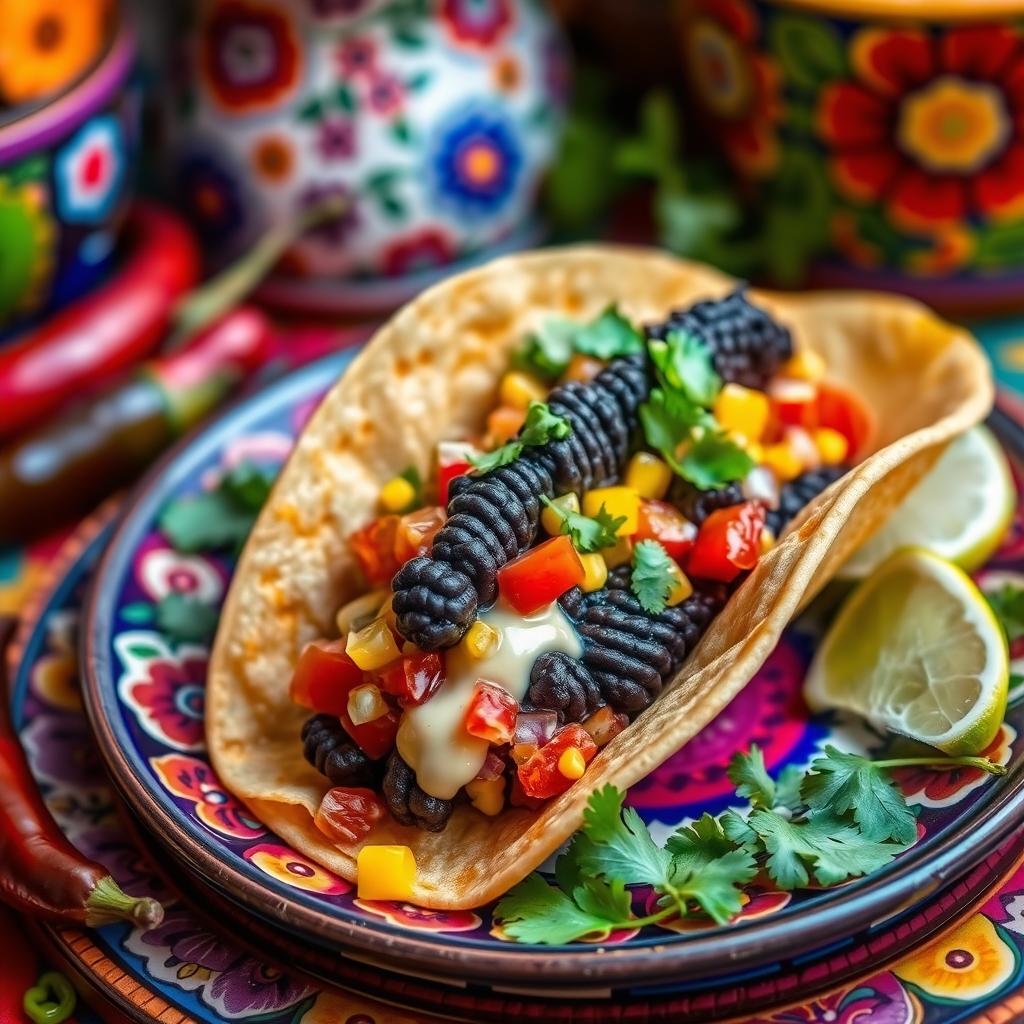 A close-up of Huitlacoche, the black corn fungus, artistically arranged in a gourmet taco filled with fresh corn, melted cheese, and vibrant salsa