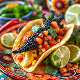 A close-up of Huitlacoche, the black corn fungus, artistically arranged in a gourmet taco filled with fresh corn, melted cheese, and vibrant salsa