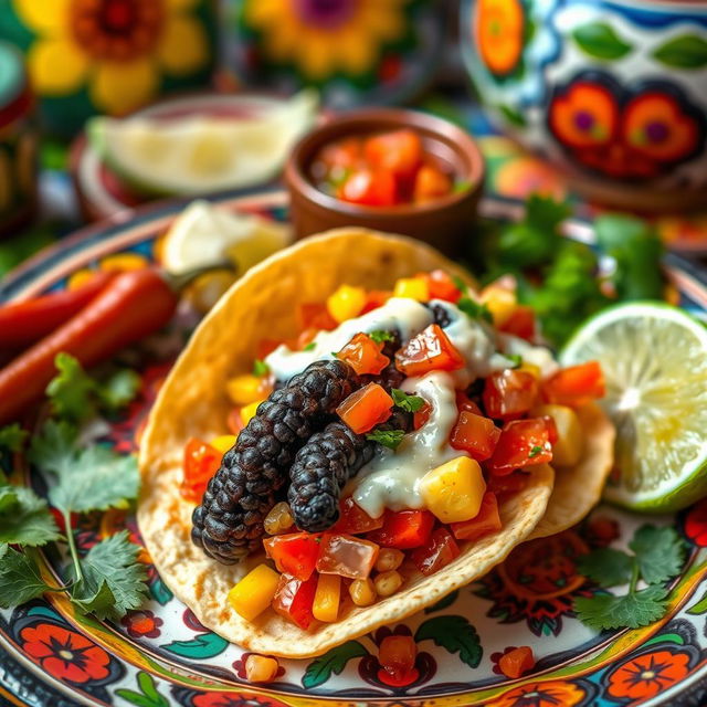 A close-up of Huitlacoche, the black corn fungus, artistically arranged in a gourmet taco filled with fresh corn, melted cheese, and vibrant salsa