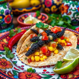 A close-up of Huitlacoche, the black corn fungus, artistically arranged in a gourmet taco filled with fresh corn, melted cheese, and vibrant salsa