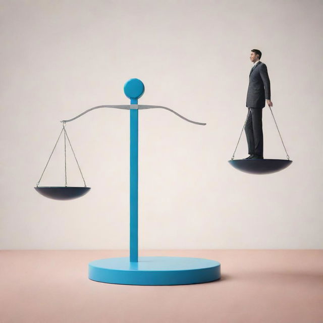 Illustrate decision making under risk, using imagery of a person weighing scale with options on both sides, one representing potential rewards and the other potential risks.